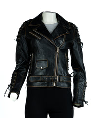 Ladies Antique Black Embossed Brando Style Leather Biker Jacket with Laces - Gabbi