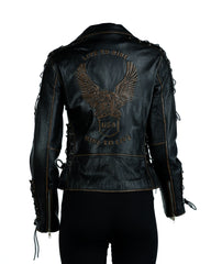 Ladies Antique Black Embossed Brando Style Leather Biker Jacket with Laces - Gabbi