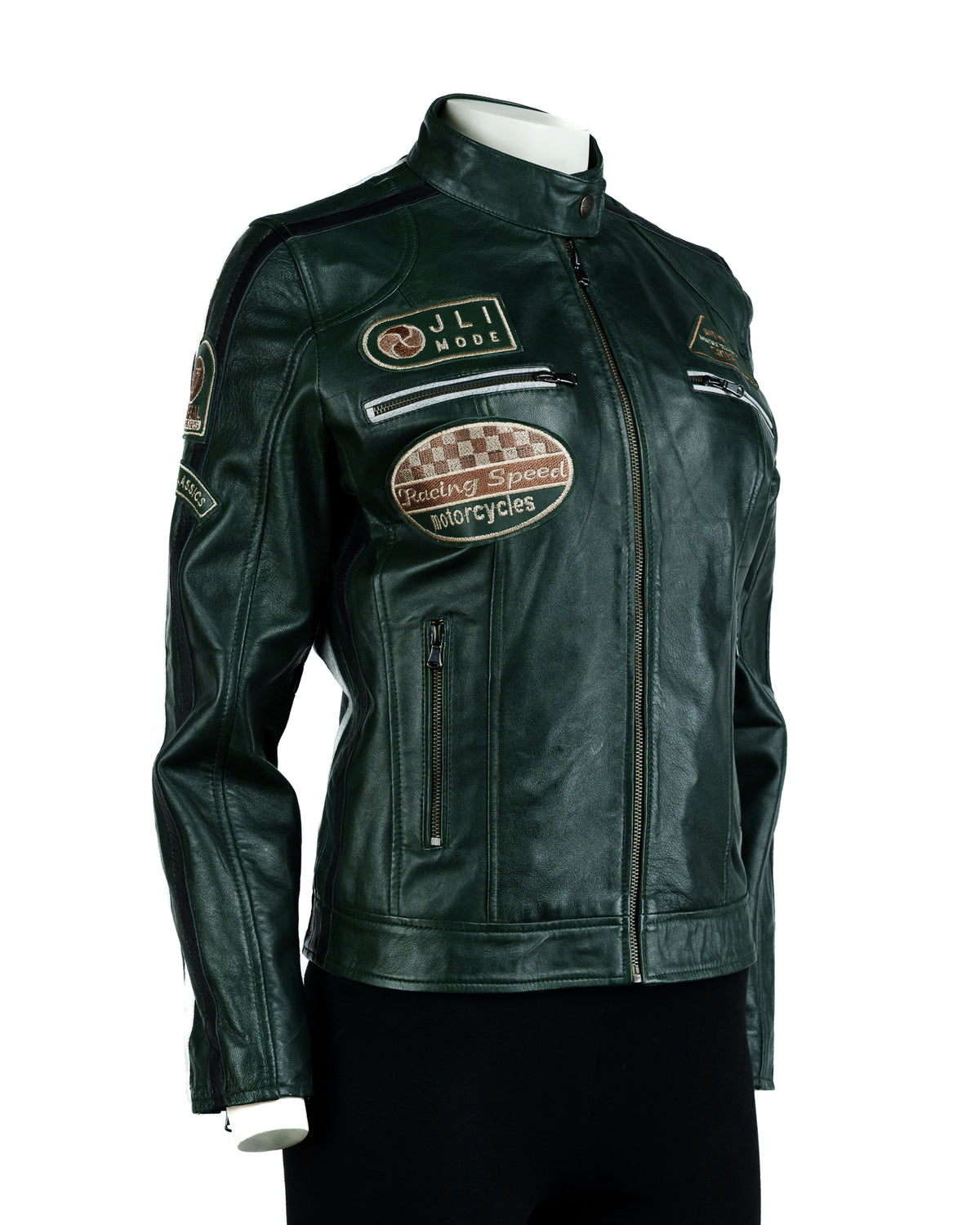 Women's Green Vintage Style Racing Biker Style Leather Jacket: Paoline