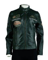 Women's Green Vintage Style Racing Biker Style Leather Jacket: Paoline