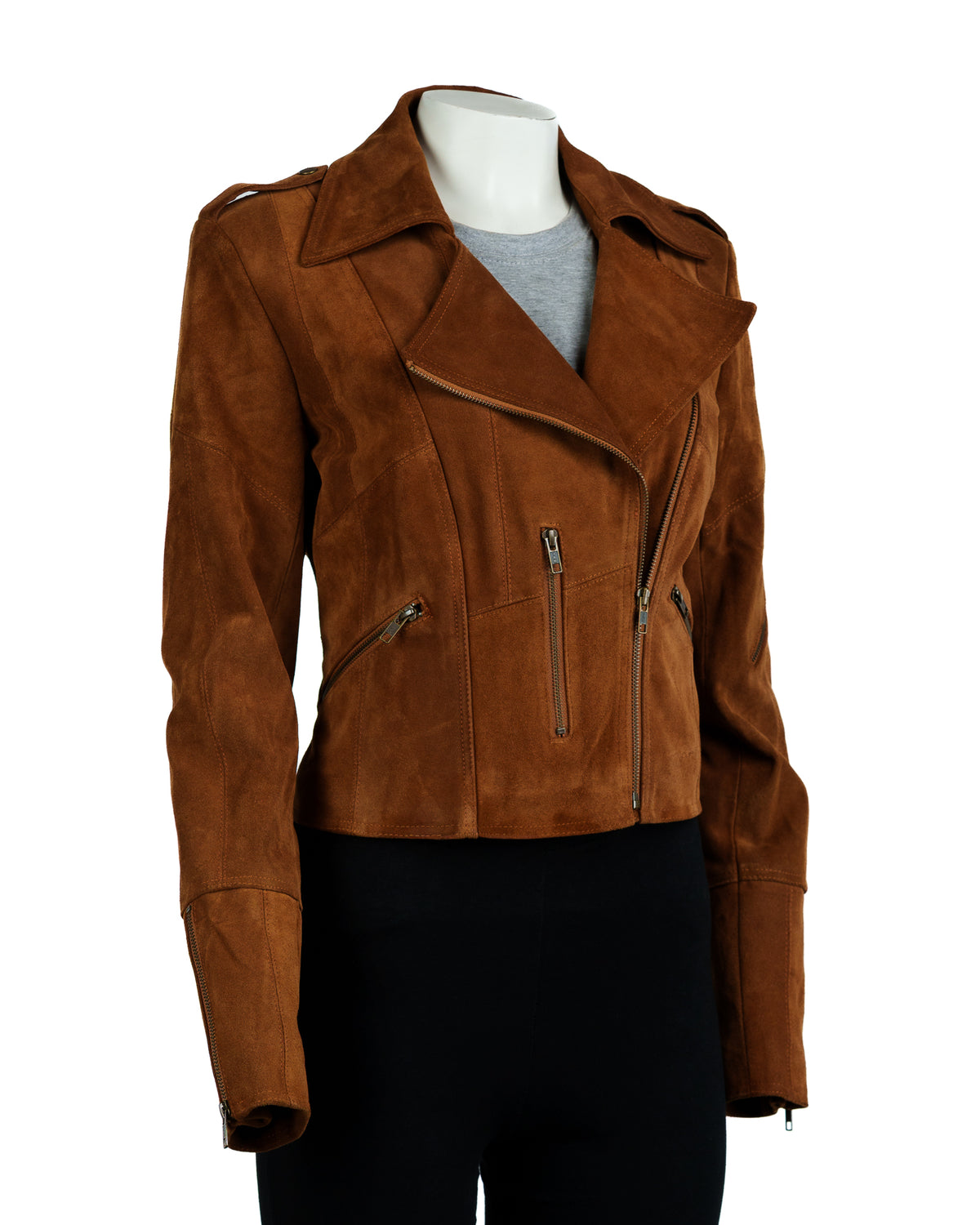 Ladies Charm Exclusive Deep Tan Suede Biker Jacket - Lucia