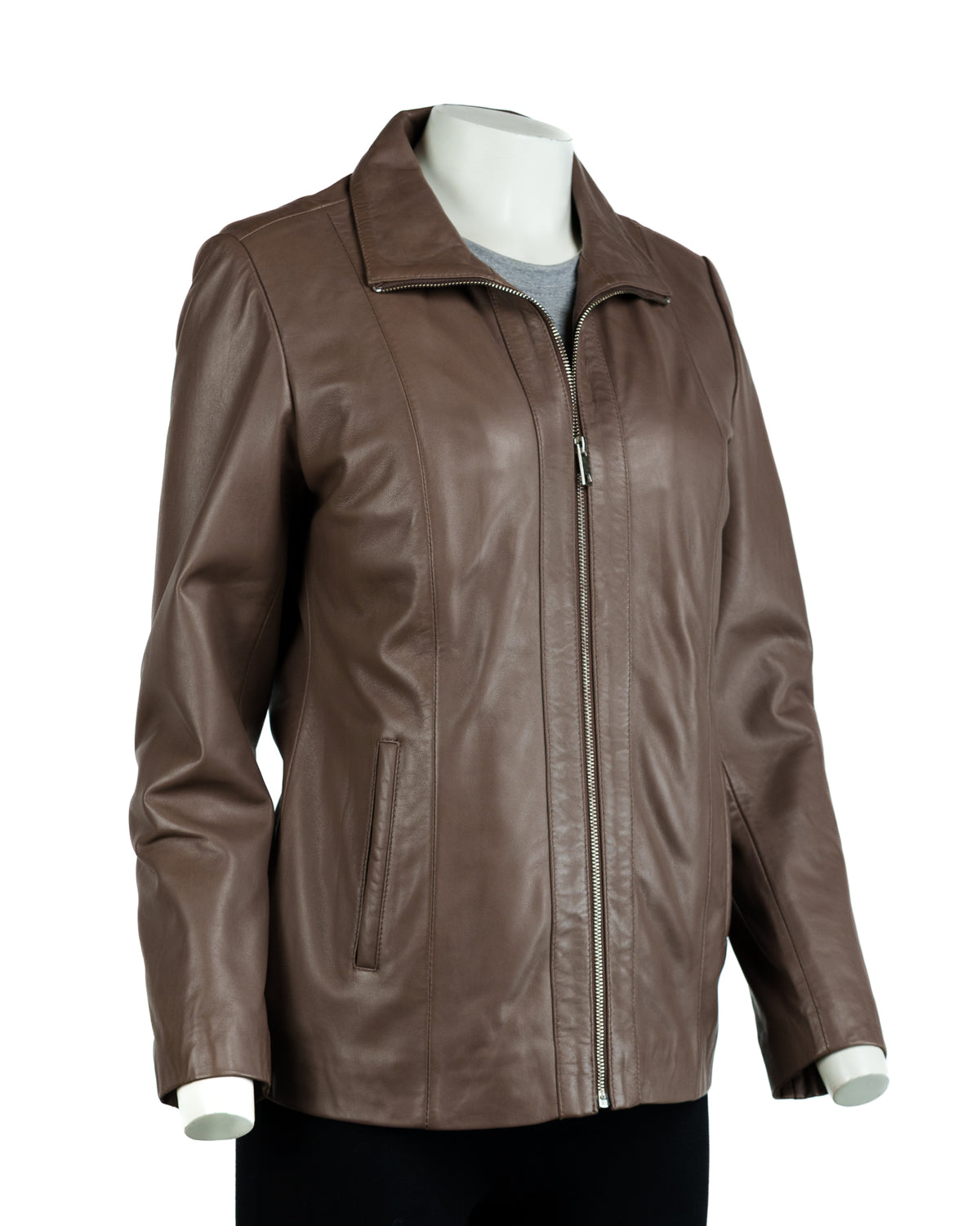 Ladies Taupe Hip Length Leather Jacket: Athena