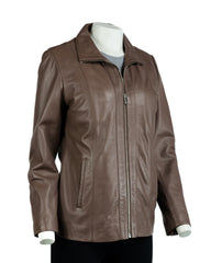 Ladies Taupe Hip Length Leather Jacket: Athena