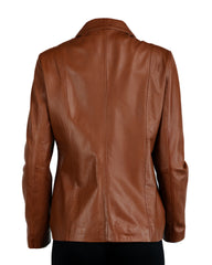 Ladies Tan Hip Length Leather Jacket: Athena
