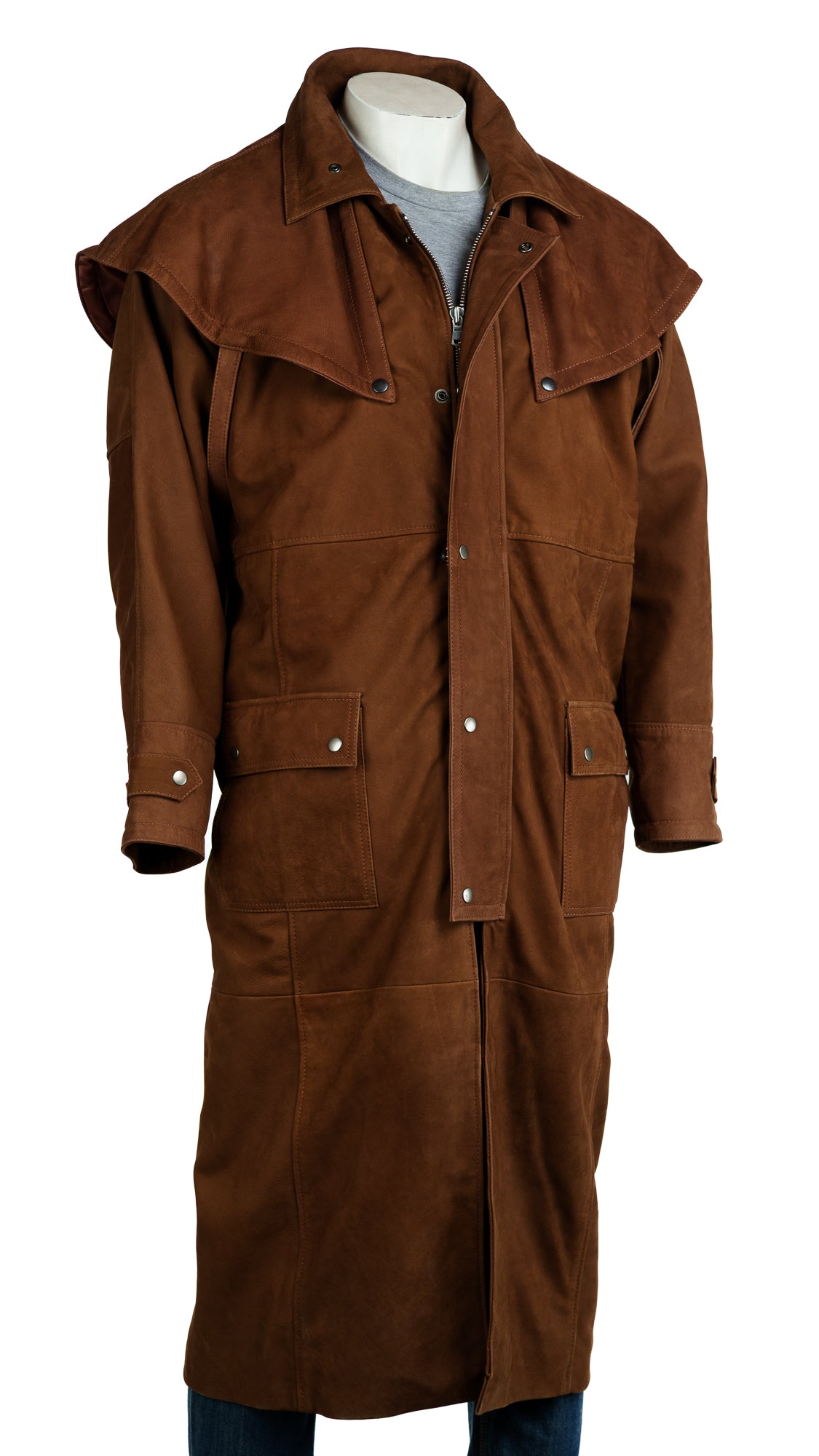 Men's Deep Tan Nubuck Leather Full Length Duster Coat: Ted