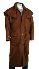 Men's Deep Tan Nubuck Leather Full Length Duster Coat: Ted
