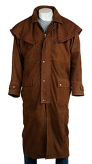 Men's Deep Tan Nubuck Leather Full Length Duster Coat: Ted