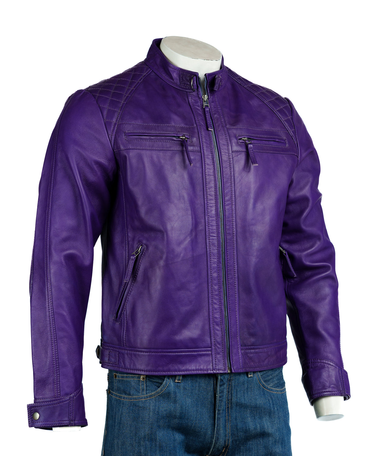 Men's Charm Exclusive Purple Diamond Shoulder Biker Style Leather Jacket: Geronimo
