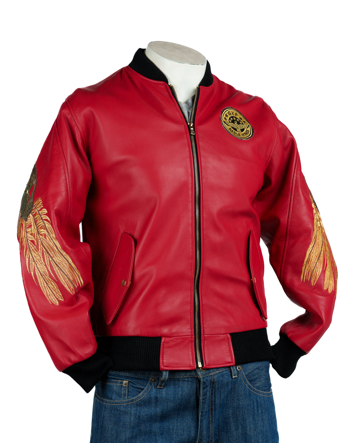 Men's Red Leather Charm Embroidered Bomber Jacket: Carlton