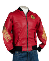 Men's Red Leather Charm Embroidered Bomber Jacket: Carlton