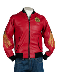 Men's Red Leather Charm Embroidered Bomber Jacket: Carlton