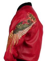 Men's Red Leather Charm Embroidered Bomber Jacket: Carlton
