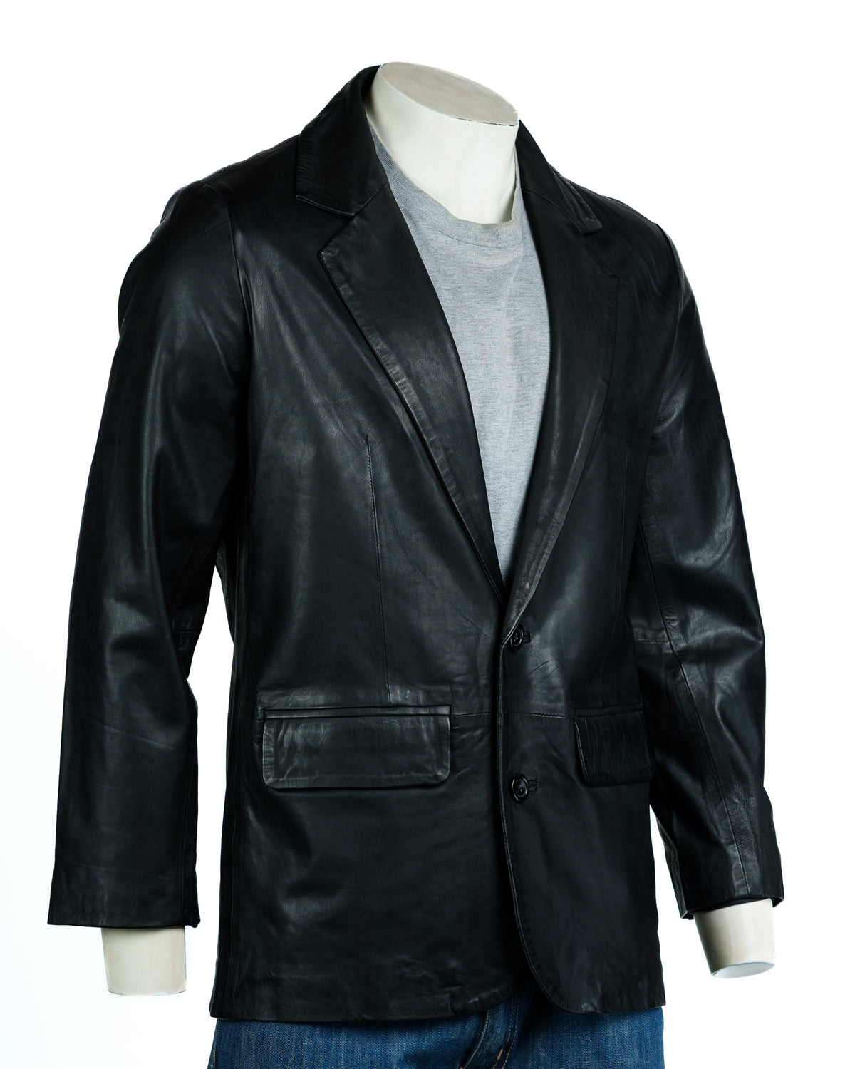 Men's Black Classic Two Button Single Breasted Leather Blazer: Marcello