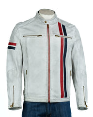 Men's Antique White Vintage Racer Biker Style Jacket: Steve