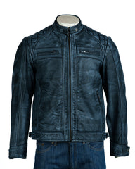 Men's Antique Blue Diamond Shoulder Biker Style Leather Jacket: Geronimo