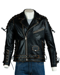 Men's Antique Black Embossed Brando Style Cow Hide Biker Jacket with Laces - Abe