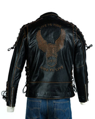 Men's Antique Black Embossed Brando Style Cow Hide Biker Jacket with Laces - Abe