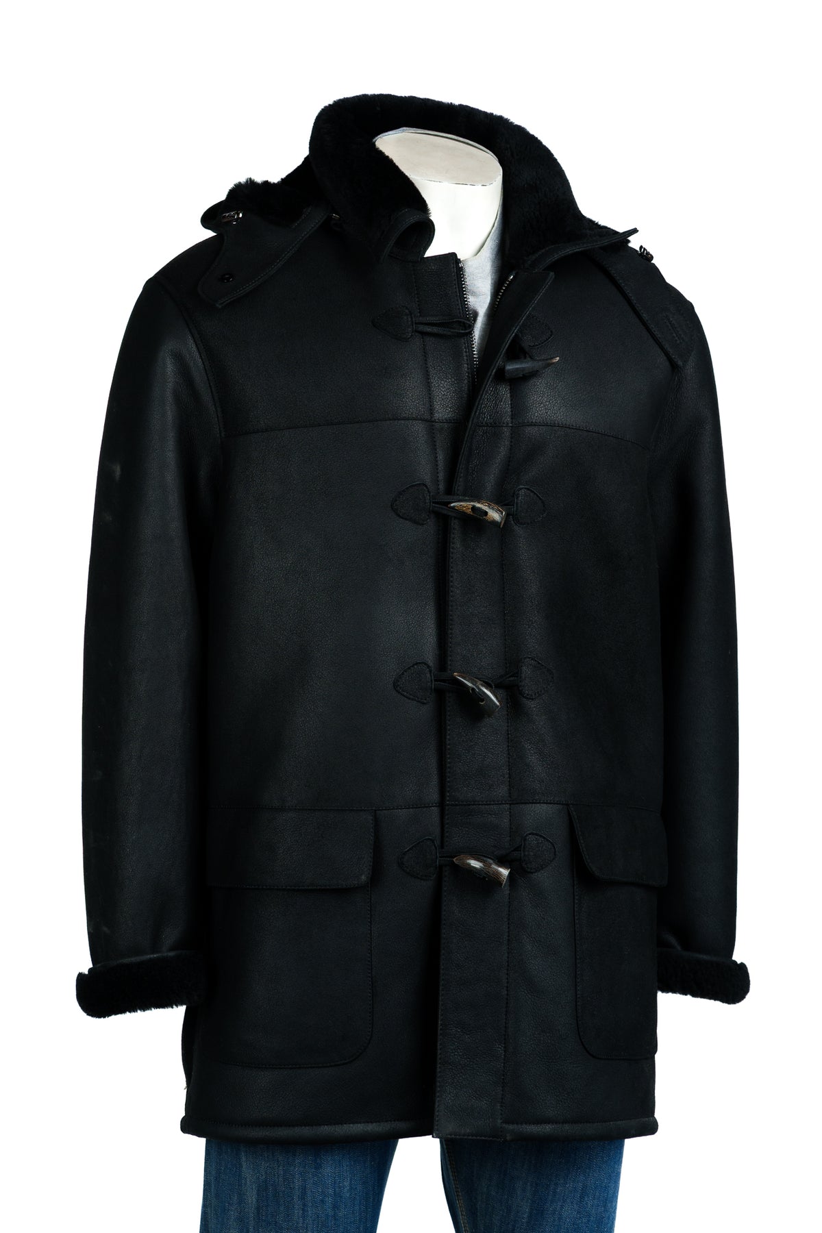 Men's Black Sheepskin Duffle Coat: Patrizio
