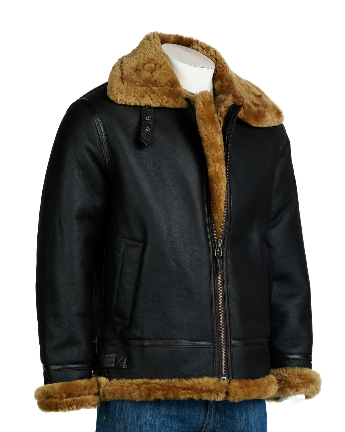 Men's Brown and Ginger B3 Style Vertical Zip Sheepskin Aviator Pilot Jacket: Liberaci with Trim