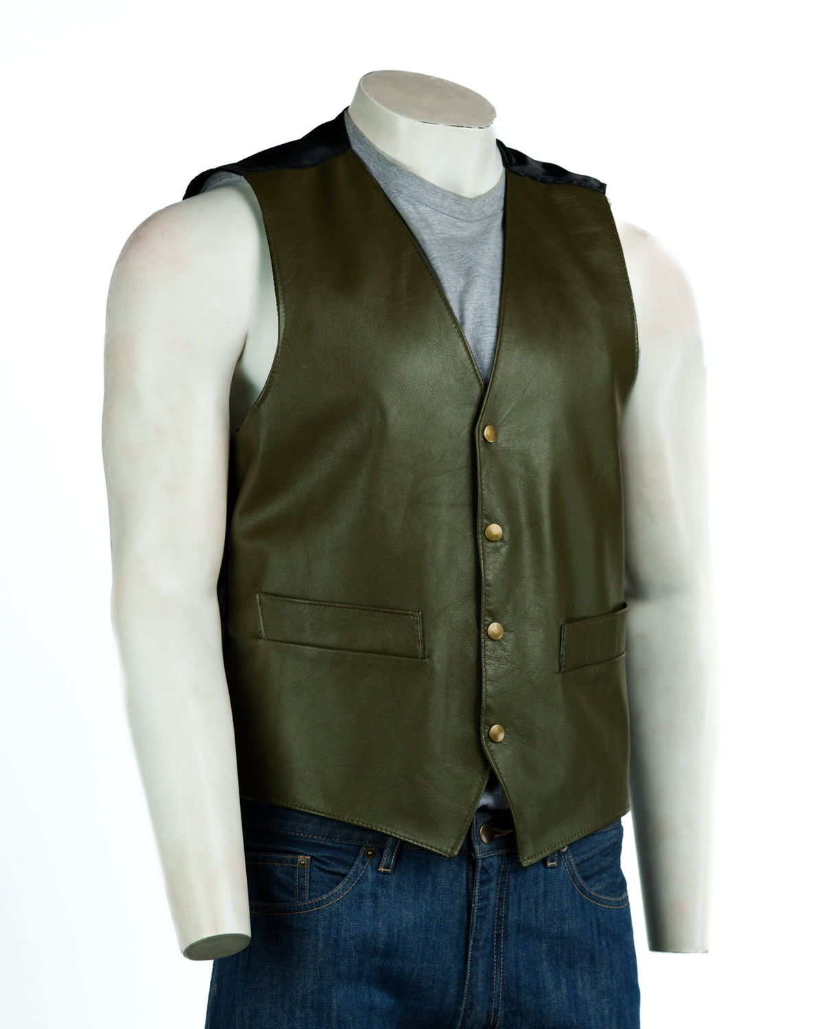 Men's Khaki Green Half Skin Leather Waistcoat: Vito
