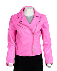 Ladies Fluorescent Pink Leather Biker Jacket - Caroline