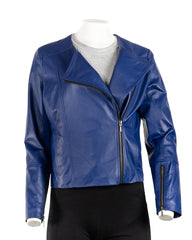 Ladies Indigo Leather Round Neck Biker Style Jacket: Melanie