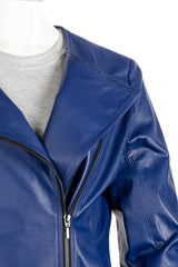 Ladies Indigo Leather Round Neck Biker Style Jacket: Melanie