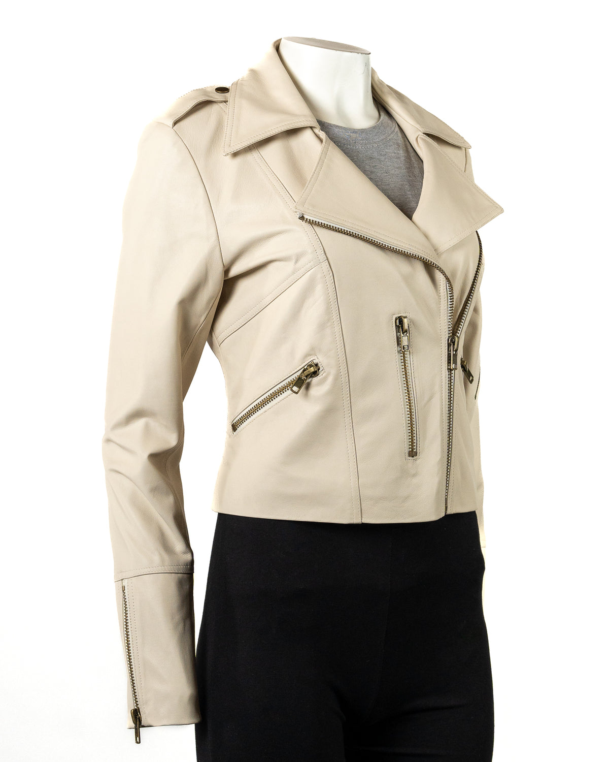 Ladies Charm Exclusive Ivory Leather Biker Jacket - Lucia