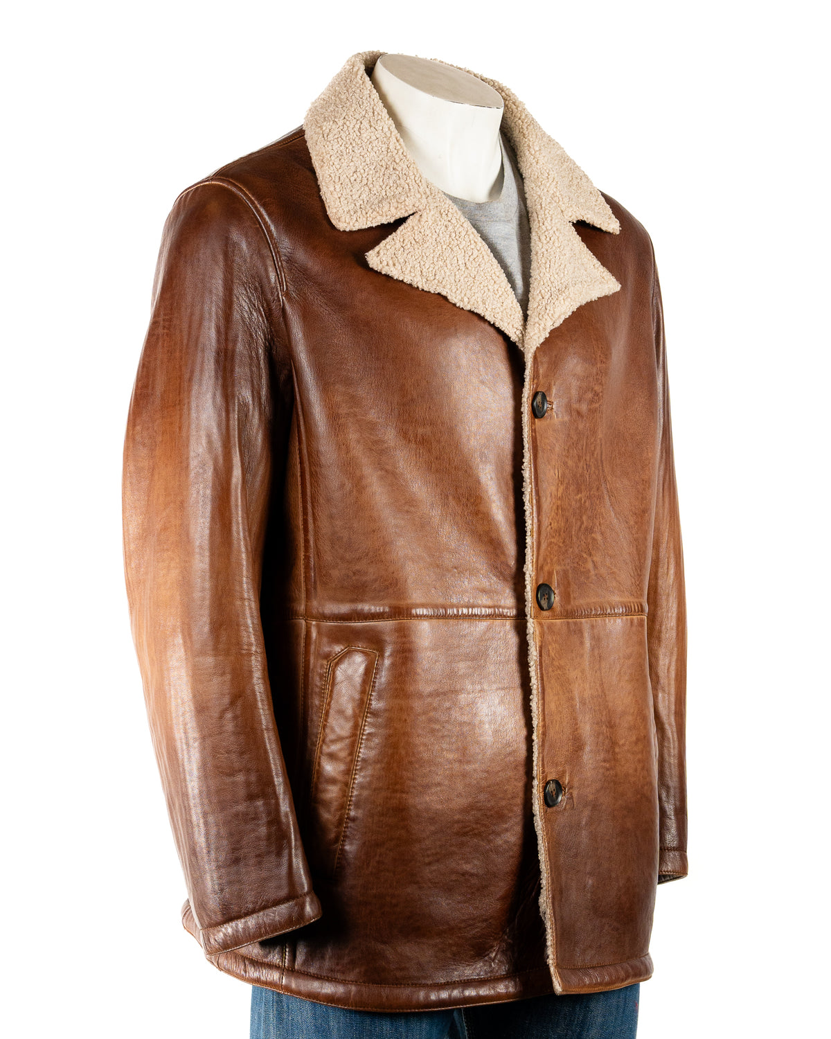 Men's Antique Cognac Leather Coat with Faux Sheepskin Lining: Elmo