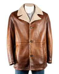 Men's Antique Cognac Leather Coat with Faux Sheepskin Lining: Elmo