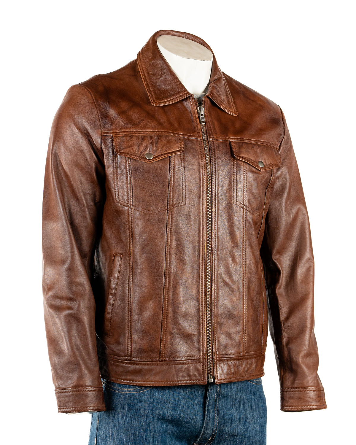 Men's Deep Cognac Leather Shirt Style Bomber Jacket: Beck