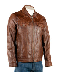 Men's Deep Cognac Leather Shirt Style Bomber Jacket: Beck
