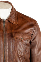 Men's Deep Cognac Leather Shirt Style Bomber Jacket: Beck
