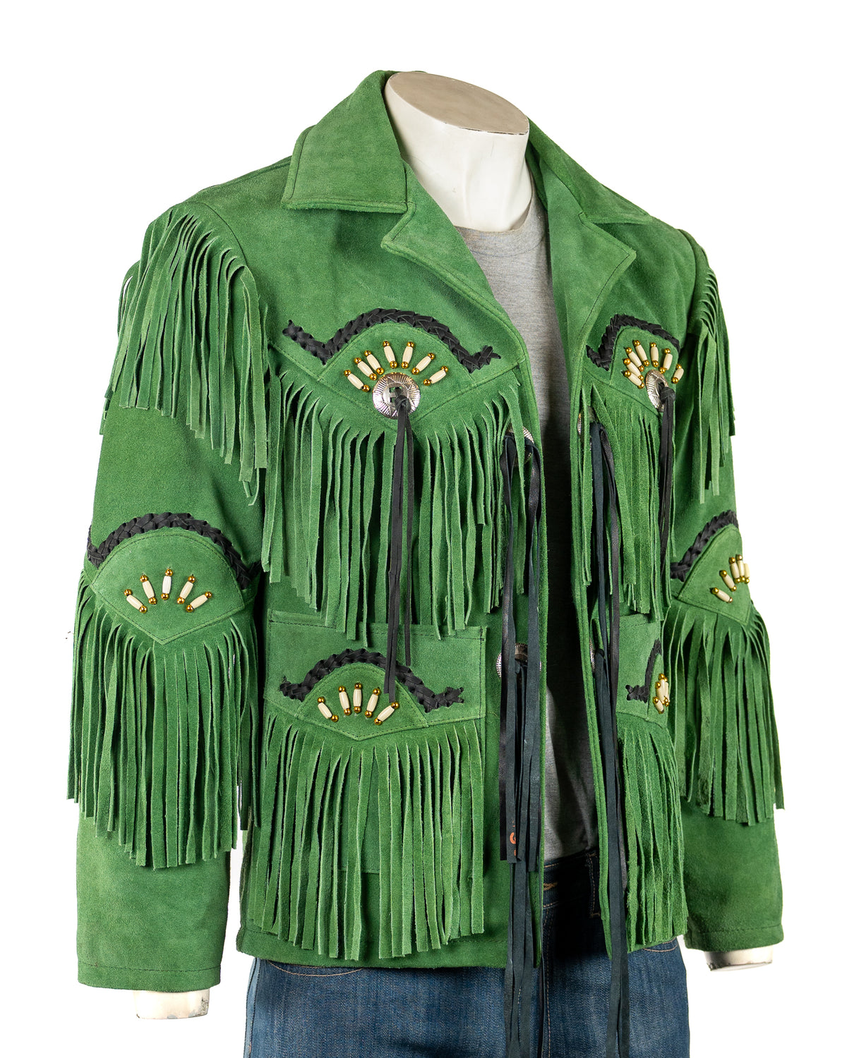 Men's Green Suede Native American Western Style Jacket with Fringe and Beads - Navajo Men's