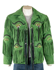 Men's Green Suede Native American Western Style Jacket with Fringe and Beads - Navajo Men's