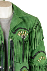 Men's Green Suede Native American Western Style Jacket with Fringe and Beads - Navajo Men's