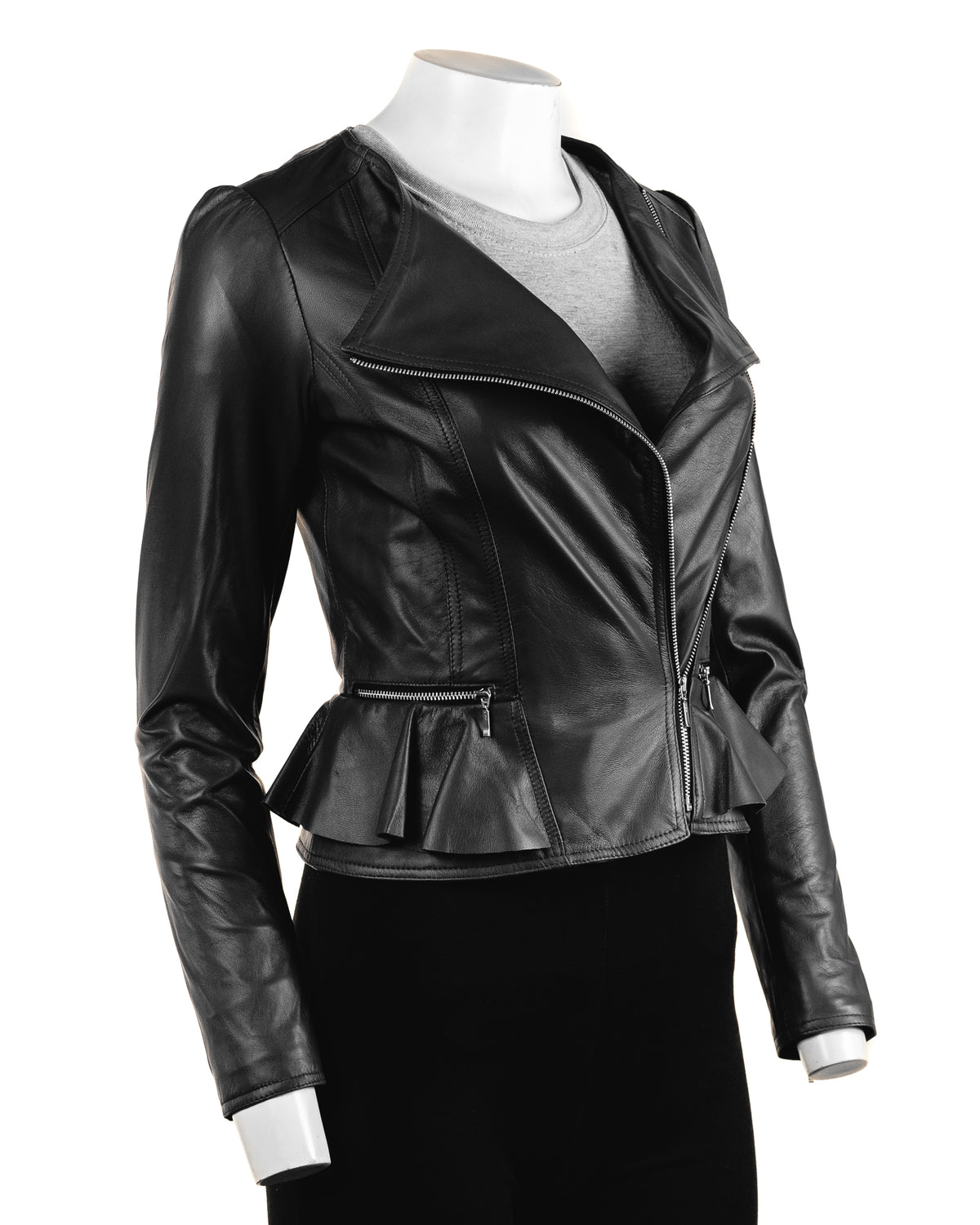 Ladies Black Leather Peplum Jacket: Natalia