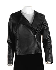 Ladies Black Leather Round Neck Biker Style Jacket: Melanie