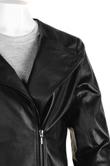 Ladies Black Leather Round Neck Biker Style Jacket: Melanie