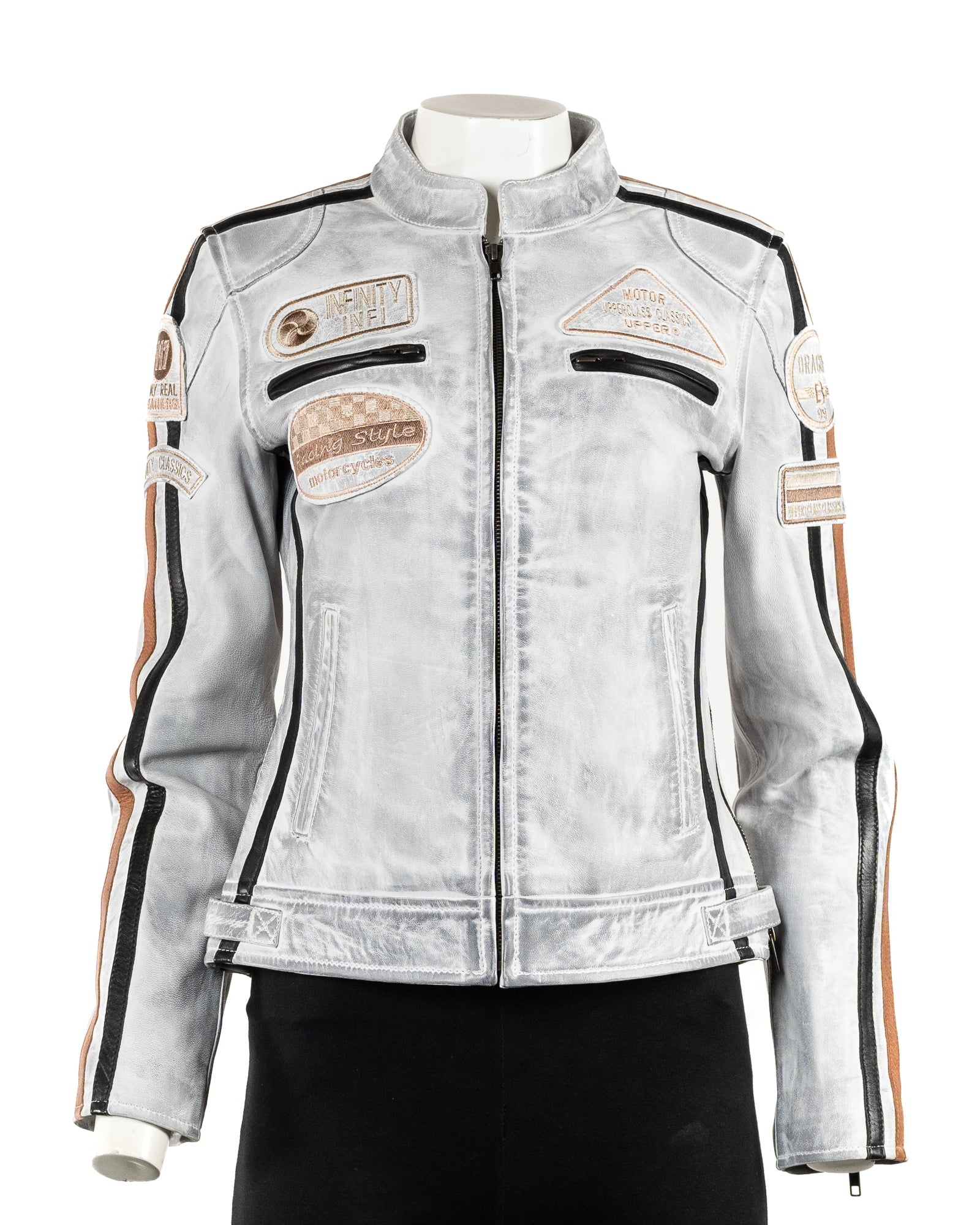 Women's Antique White Vintage Style Racing Biker Style Leather Jacket: Paoline