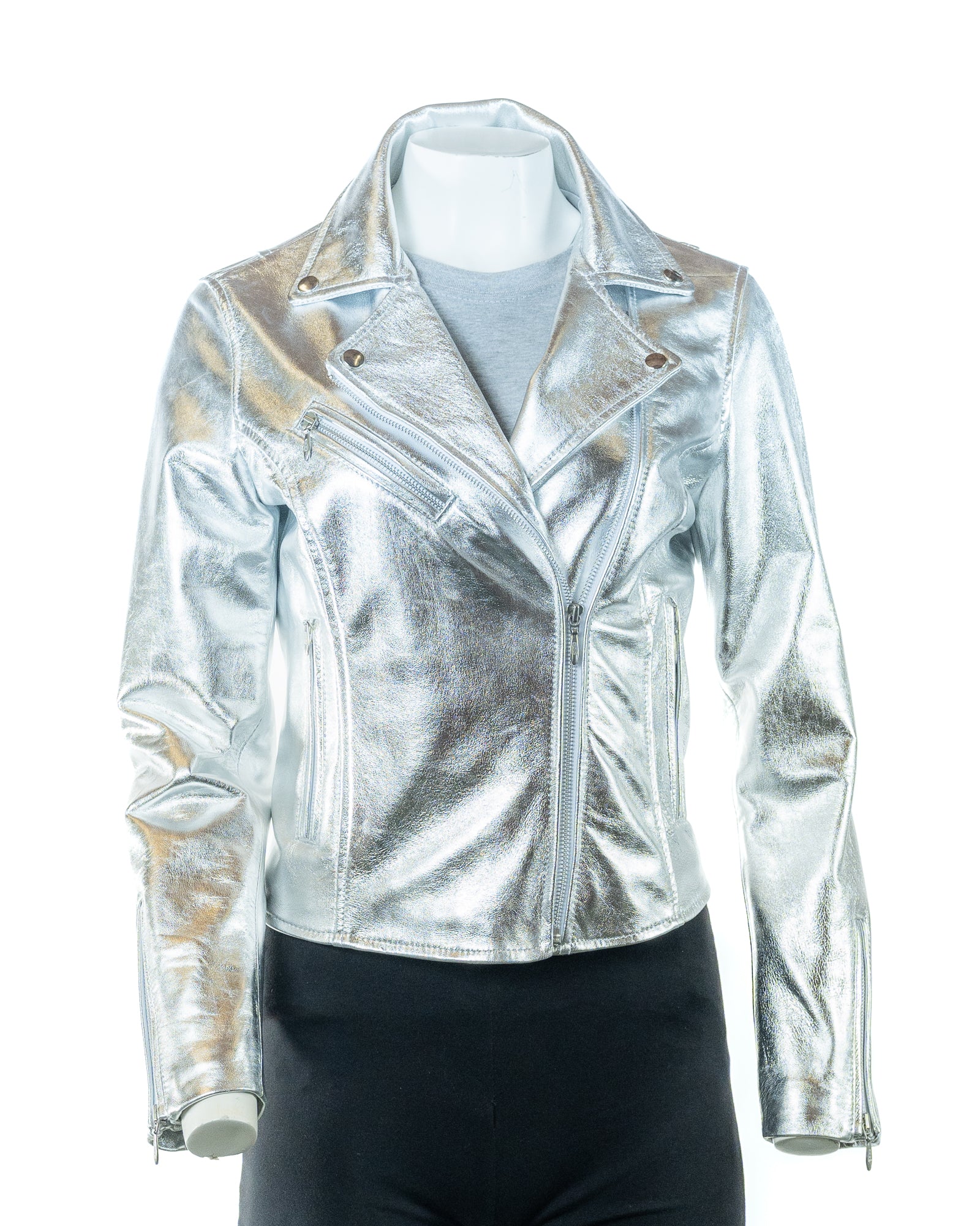Ladies Silver Leather Biker Jacket Caroline – Leather Jacket Company