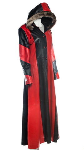 Women's Red and Black Ladies Long Leather Coat with Detachable Hood: Cruella