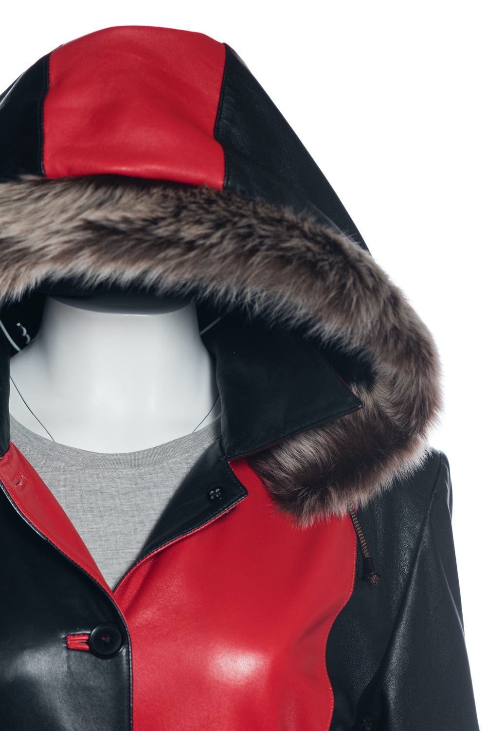 Women's Red and Black Ladies Long Leather Coat with Detachable Hood: Cruella