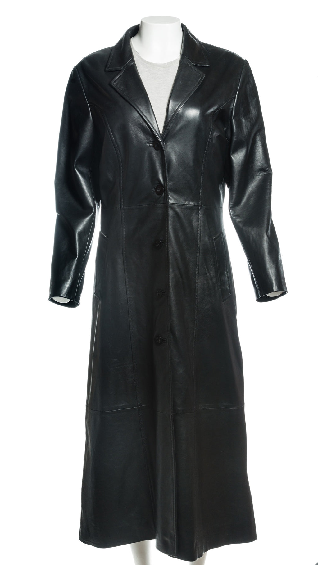 Ladies Black Full Length Buttoned Leather Coat: Gina