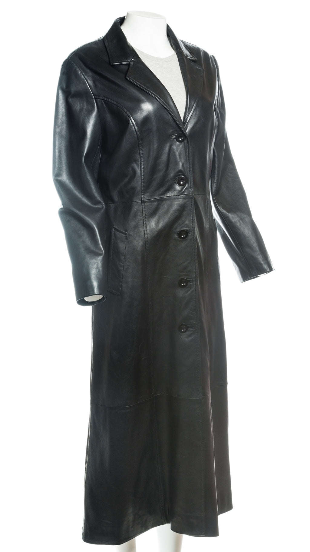 Ladies Black Full Length Buttoned Leather Coat: Gina