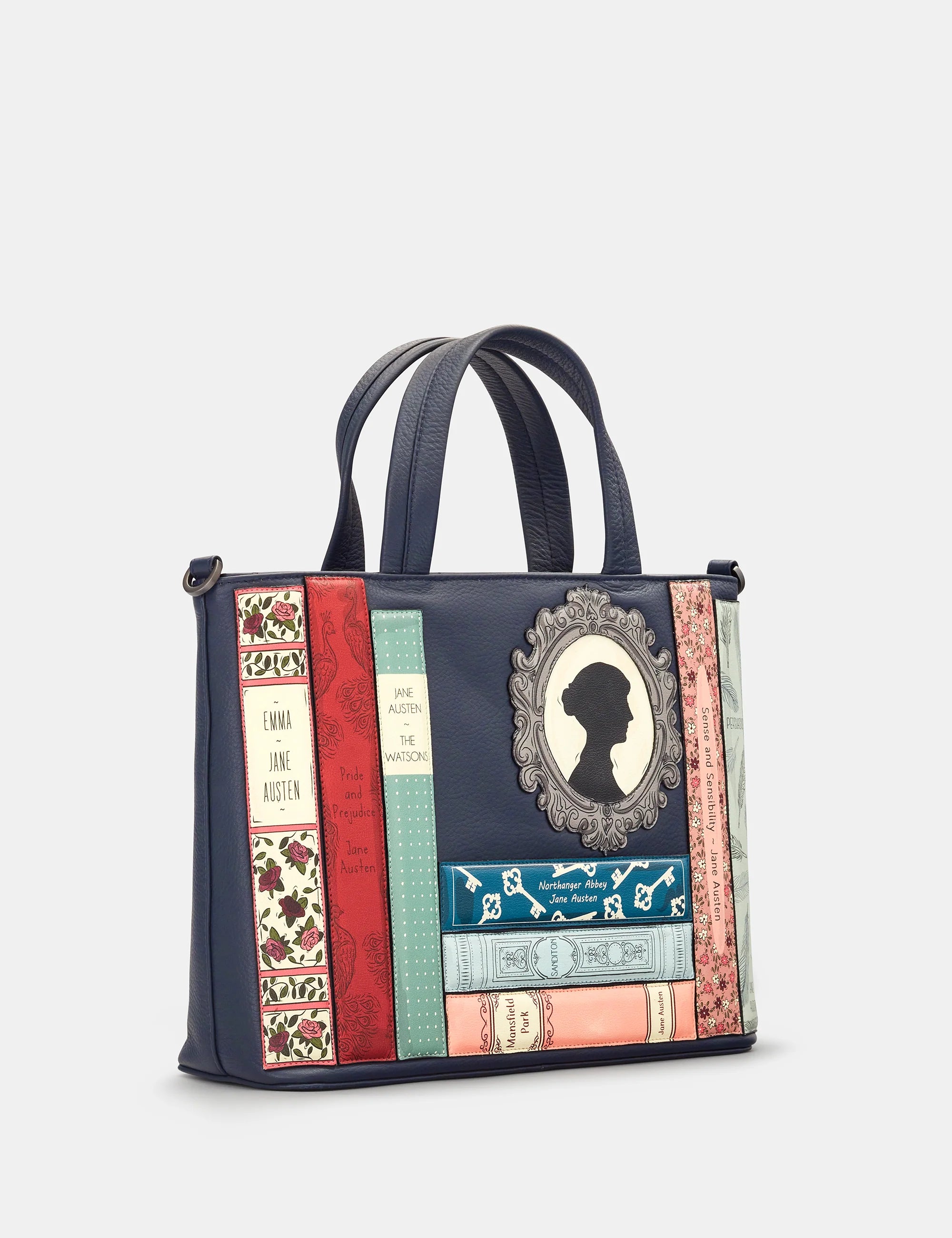 Yoshi - Jane Austen Bookworm Navy Leather Grab Bag with Detachable Shoulder Strap
