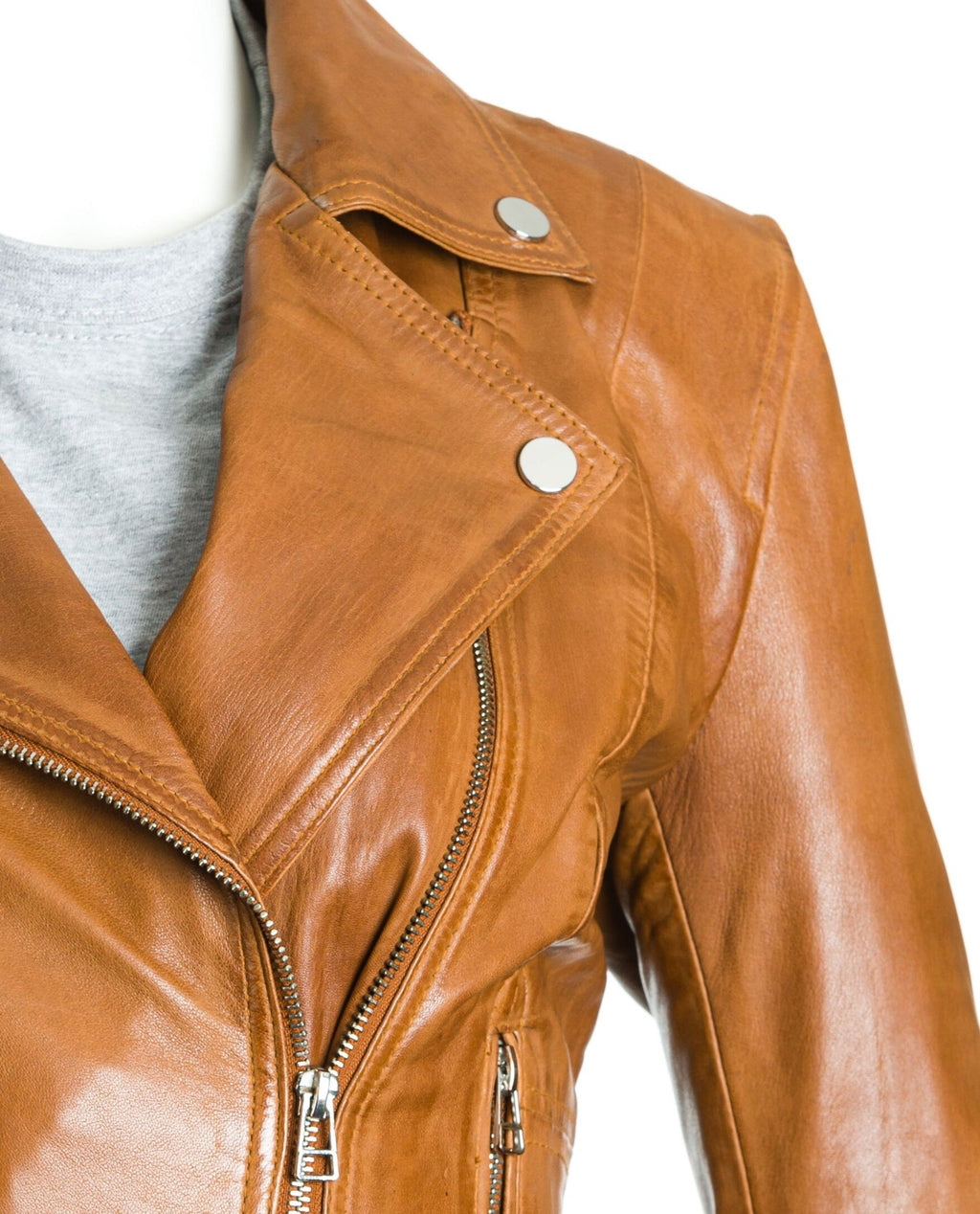 Women's Tan Simple Asymmetric Leather Biker Jacket: Brigida