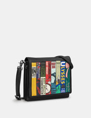 Yoshi - Vegan Leather / Faux Leather Bookworm Library Black Triple Gusset Flap Over Bag