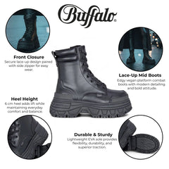 Buffalo - Womens Vegan Leather Black Chunky Mid Platform Boots - Fusion