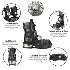 NEW ROCK - MET048-C9 Metallic Black Leather Chunky High Boots